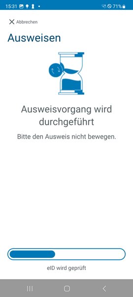 Screenshot zeigt Hinweis zum laufenden Ausweisvorgang in der AusweisApp