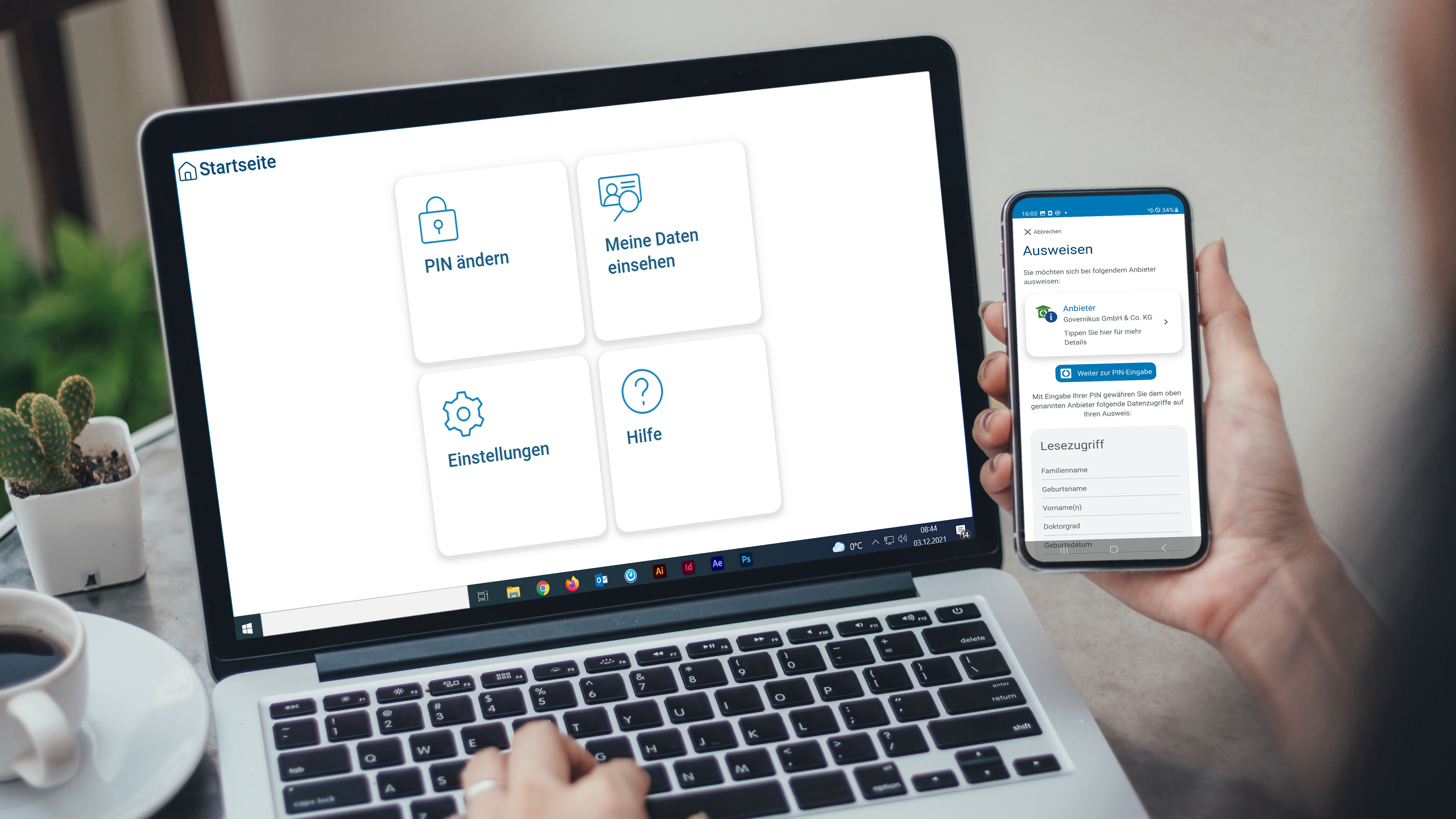 Laptop und Smartphone mit geöffneter AusweisApp2 auf der Startseite