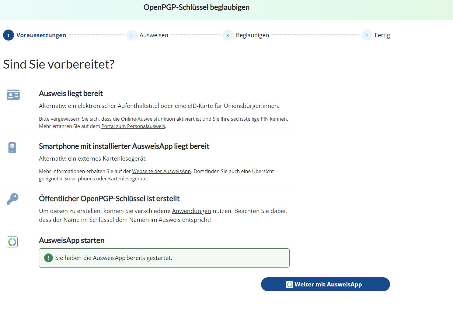 Screenshot zeigt Voraussetzungen für die Nutzung der Online-Ausweisfunktion